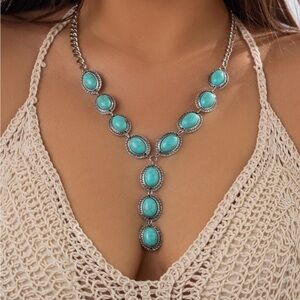 Turquoise Oval Statement Y-Necklace - Silver Tone - Fashion Jewelry
